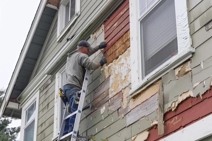 Siding repair process showing before and after