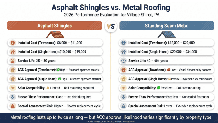 asphalt vs metal roofing village shires 