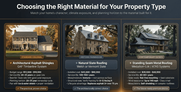 Churchville asphalt vs slate vs metal roofing